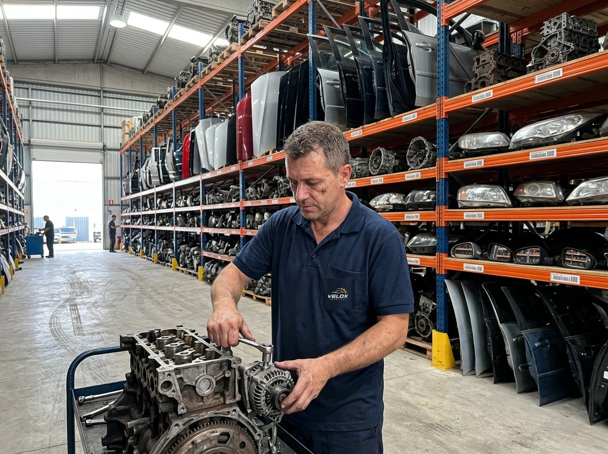 Técnico da equipe Velox Auto Peças no estoque de peças usadas em Curitiba
